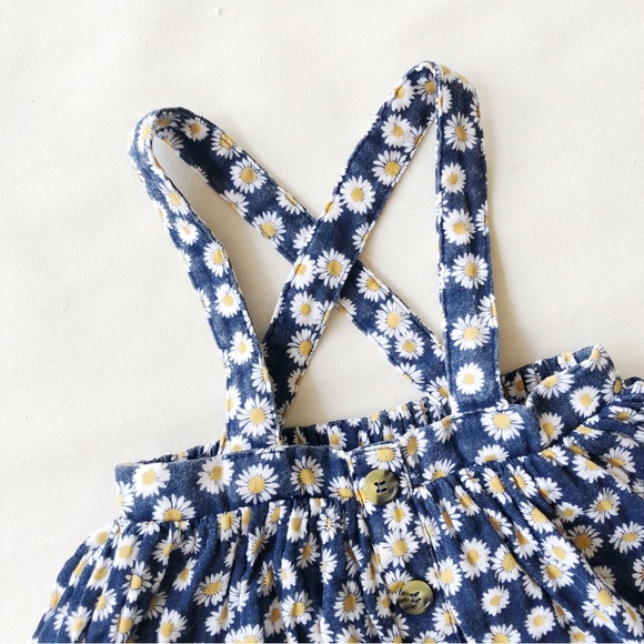 BABY Navy Blue Pinafore Skirt with White Daisy Flower Floral Print Cotton Size 0 - Picture 2 of 6